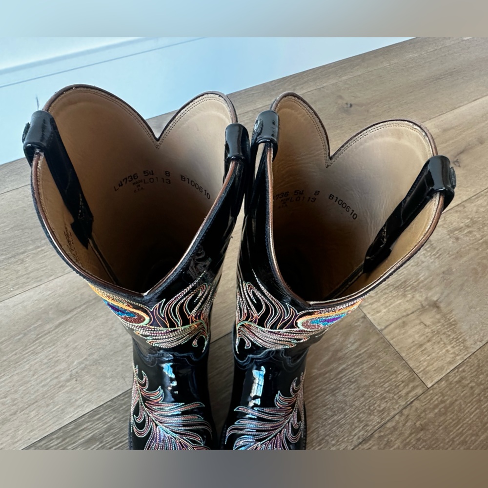 Lucchese Classics Patent Leather Black Peacock Embroidered Heeled Boots Size 8 - Picture 10 of 11